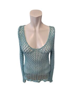 Open Knit Fishnet Pullover Sweater Swim Cover Spain Aqua Blue Sz XS/S